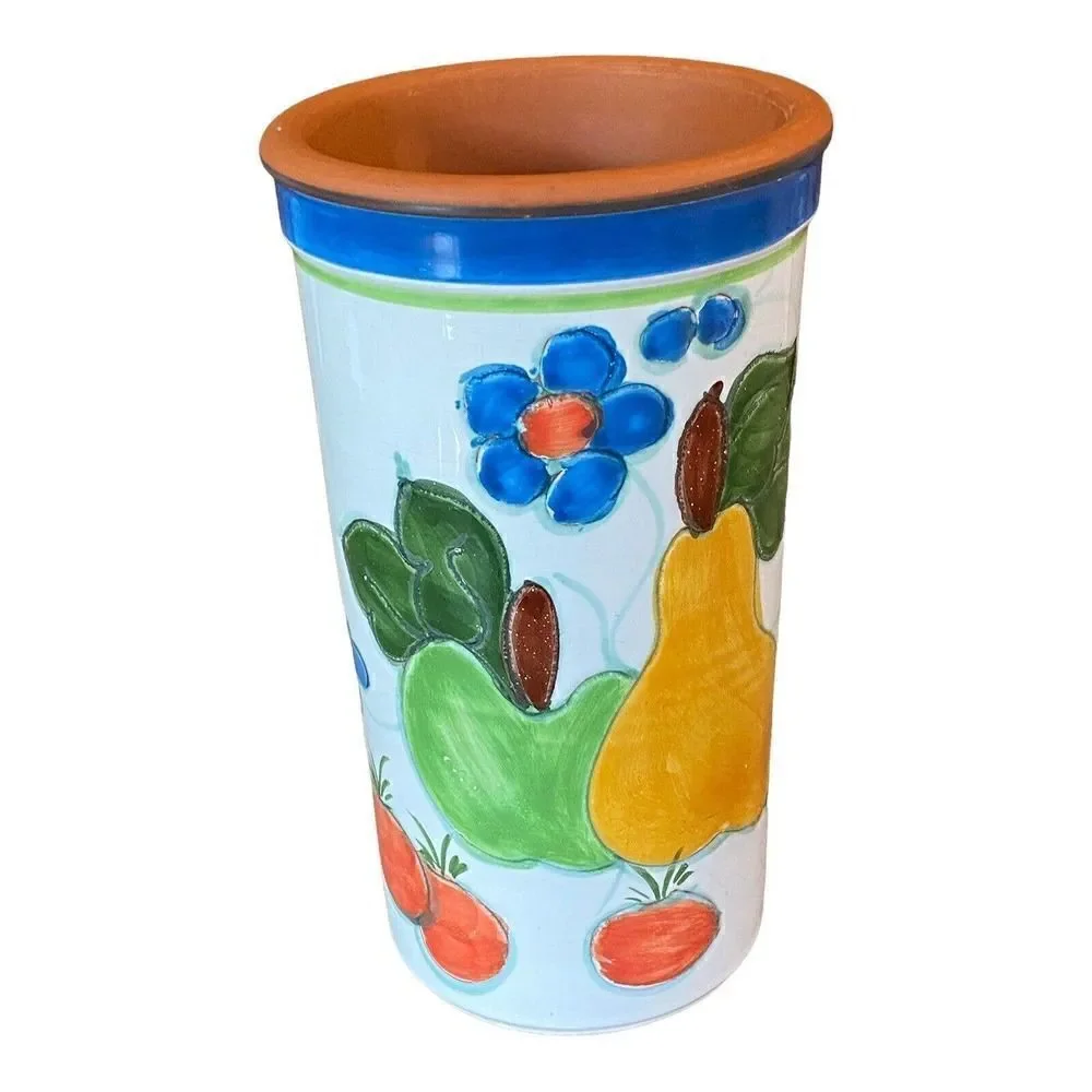 Vtg Italy Utensil Holder Wine Cooler Hand Painted Terracotta Floral Fruit 9.25